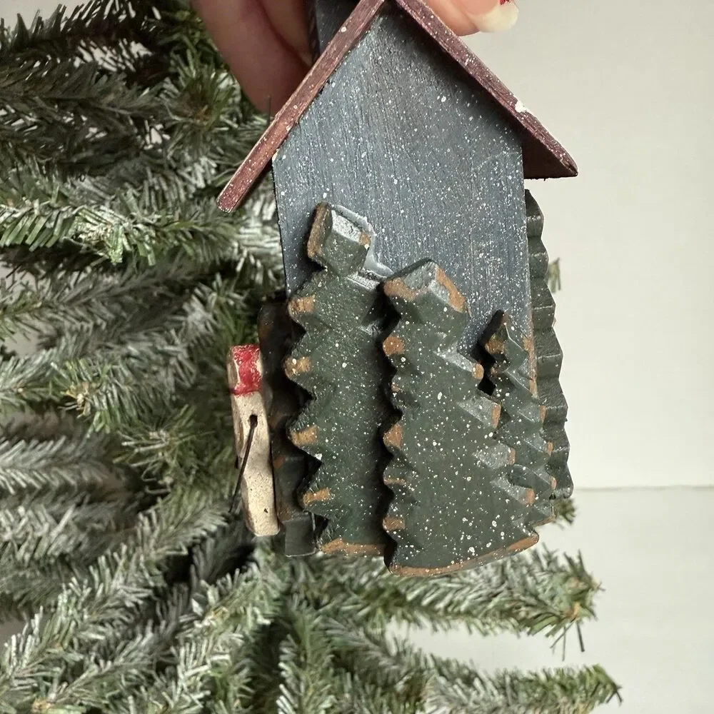 Vintage Christmas Ornament Snowman Family Church Painted Wood Primitive Country